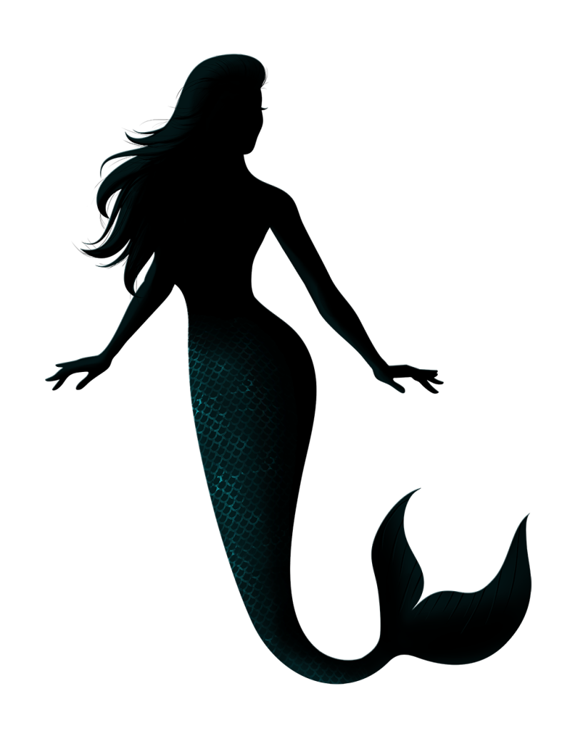 Silhuette of a greenish-blueish merperson with a scaly fishtail and long hair against a dark background.