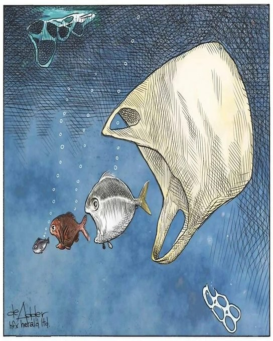 Cartoon: A plastic bag will swallow a fish that will swallow another smaller fish.