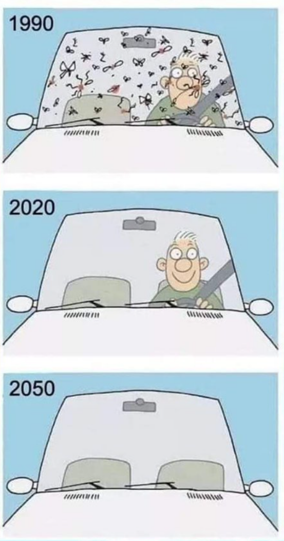 Cartoon: 
car in 1990: full of insects and a human.
car in 2020: only one human.
car in 2050: without humans.