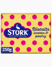 Picture of block of Stork margarine - a blend of vegetable fats, suitable for vegans. Package says Stork: biscuits, scones & pastry