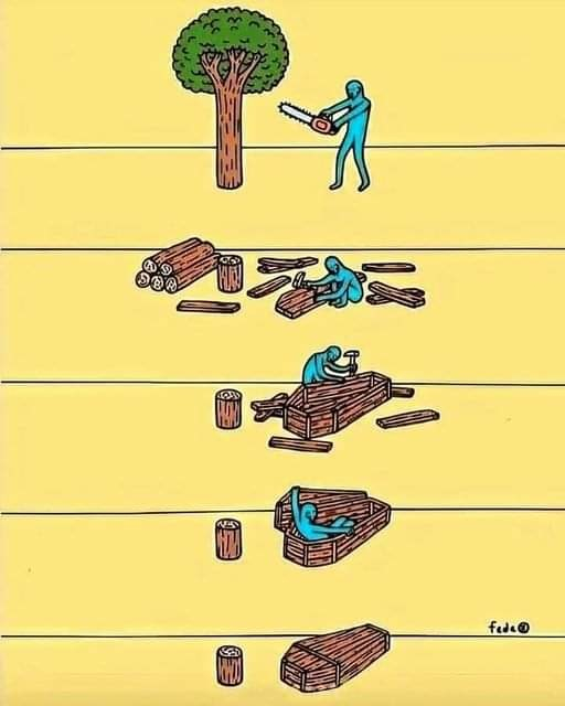 Cartoon: 
A man cuts down a tree. He turns it into a coffin to die in.