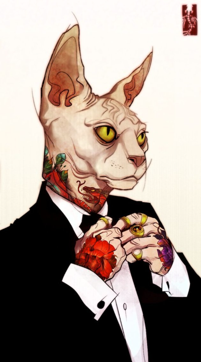 Anthropomorphic digital artwork by Kim Nguyen featuring a Sphynx cat depicted as a gangster with full body tattoos and be-ringed hands, adjusting a bow tie while wearing a black tuxedo.

Believed to be from either Nguyen's Anthro or Anthro II series.