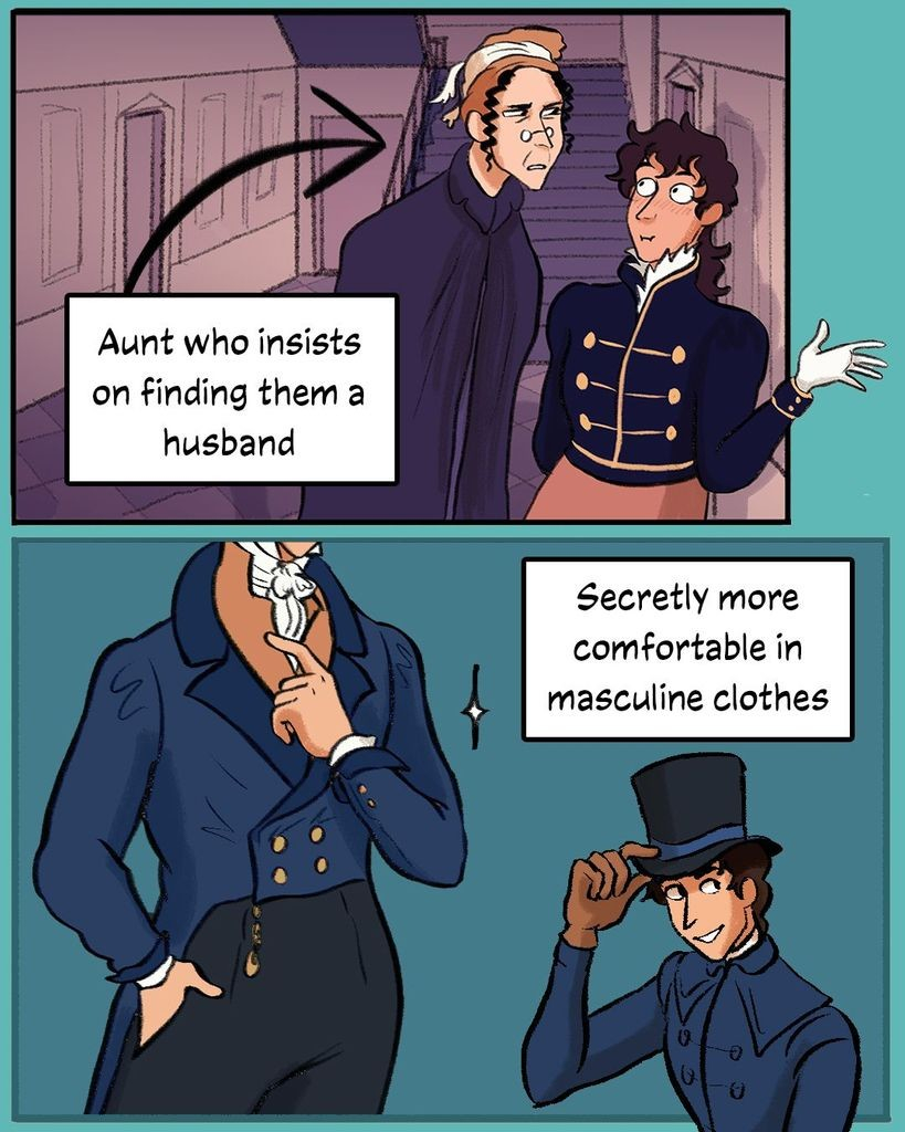 comic panels with text that reads: Aunt who insists on finding them a husband (a suspicious older aunt and floundering George), secretly more comfortable in masculine clothes (George in a men’s jacket and top hat)