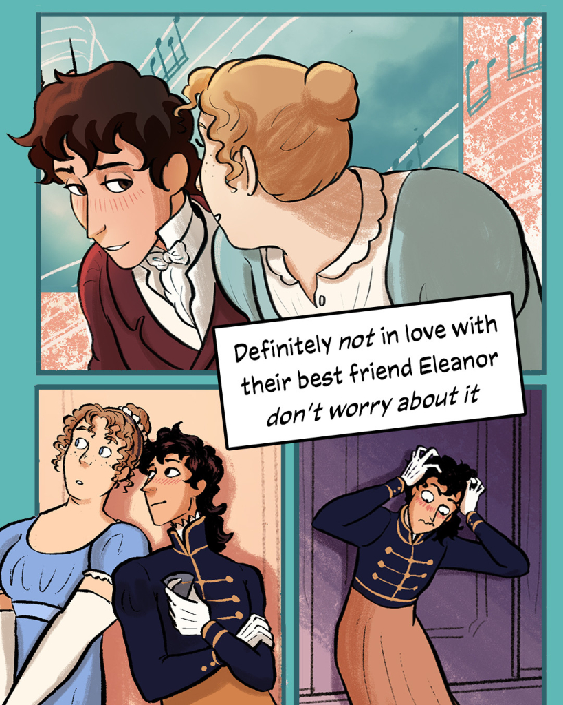 comic panels with George looking longingly at a blonde girl and repressing a minor breakdown about it - text reads: Definitely NOT in love with their best friend Eleanor, don’t worry about it