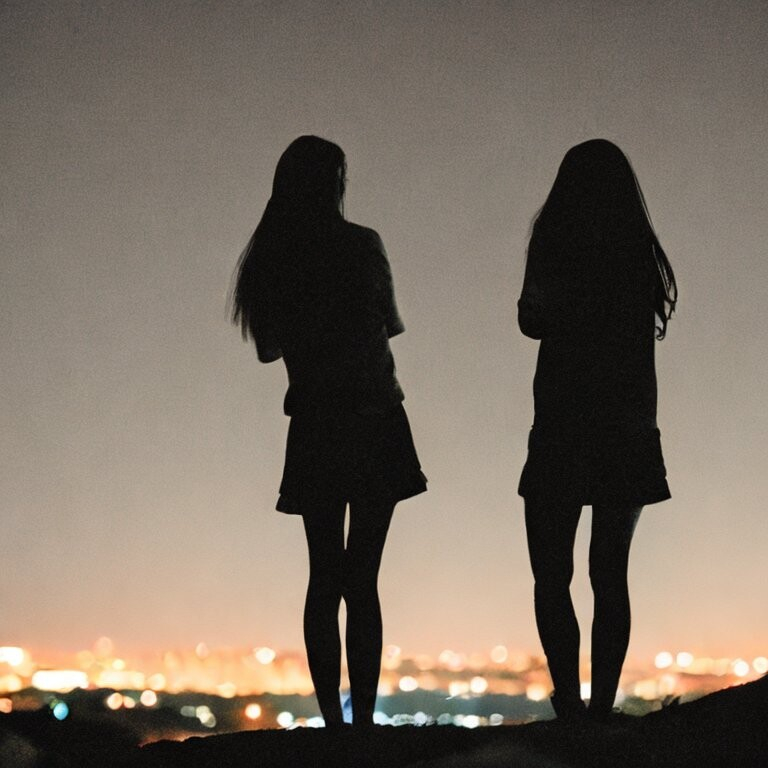 The silhouettes of two teenage girls overlooking a small town at night