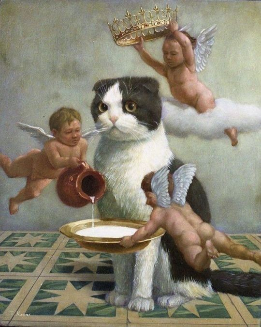 painting of a tuxedo-colored cat being served milk by two cherubs and one cherub hovering over the cat's head with an ornate crown