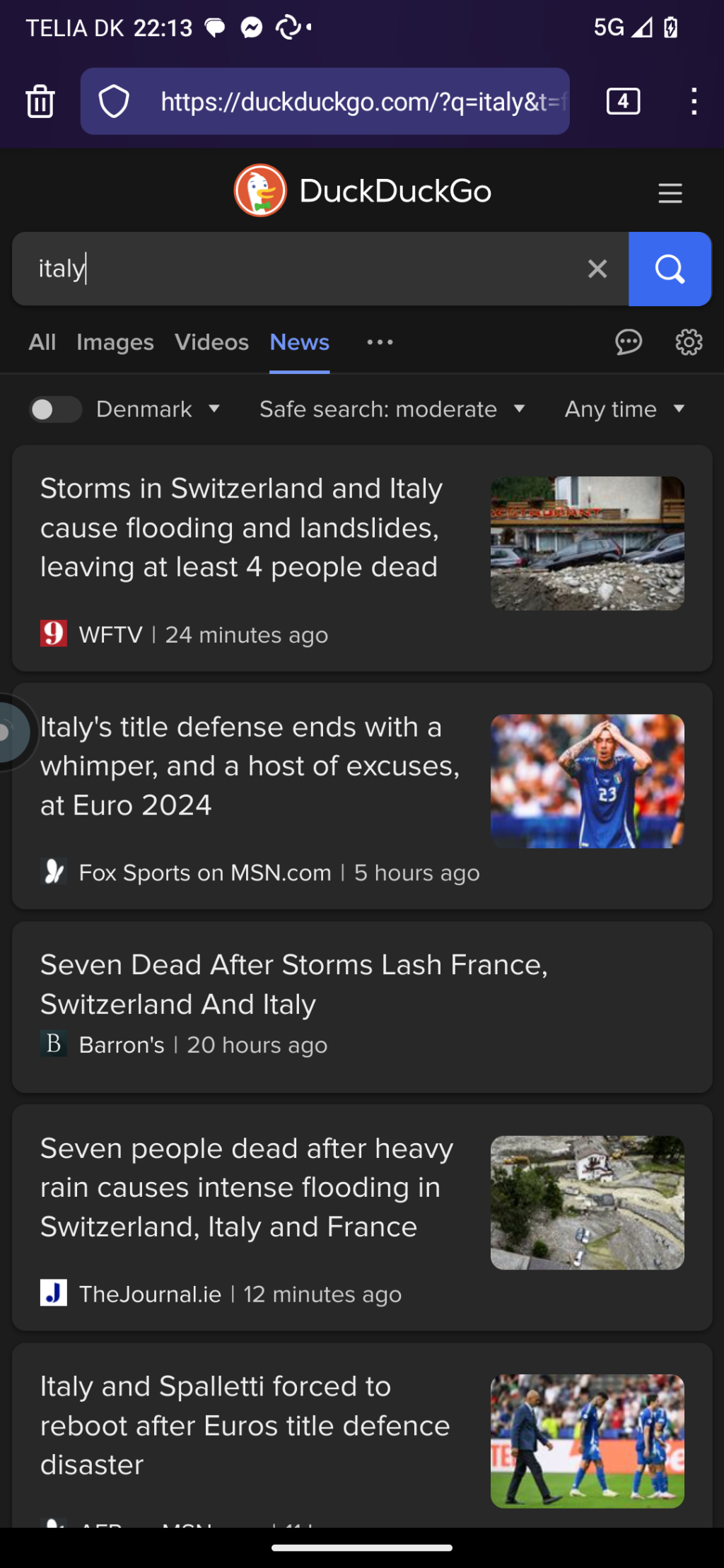 Screenshot from duckduckgo search on Italy showing some soccer related news yet mainly mentions of the storms and floodings causing 7 deaths