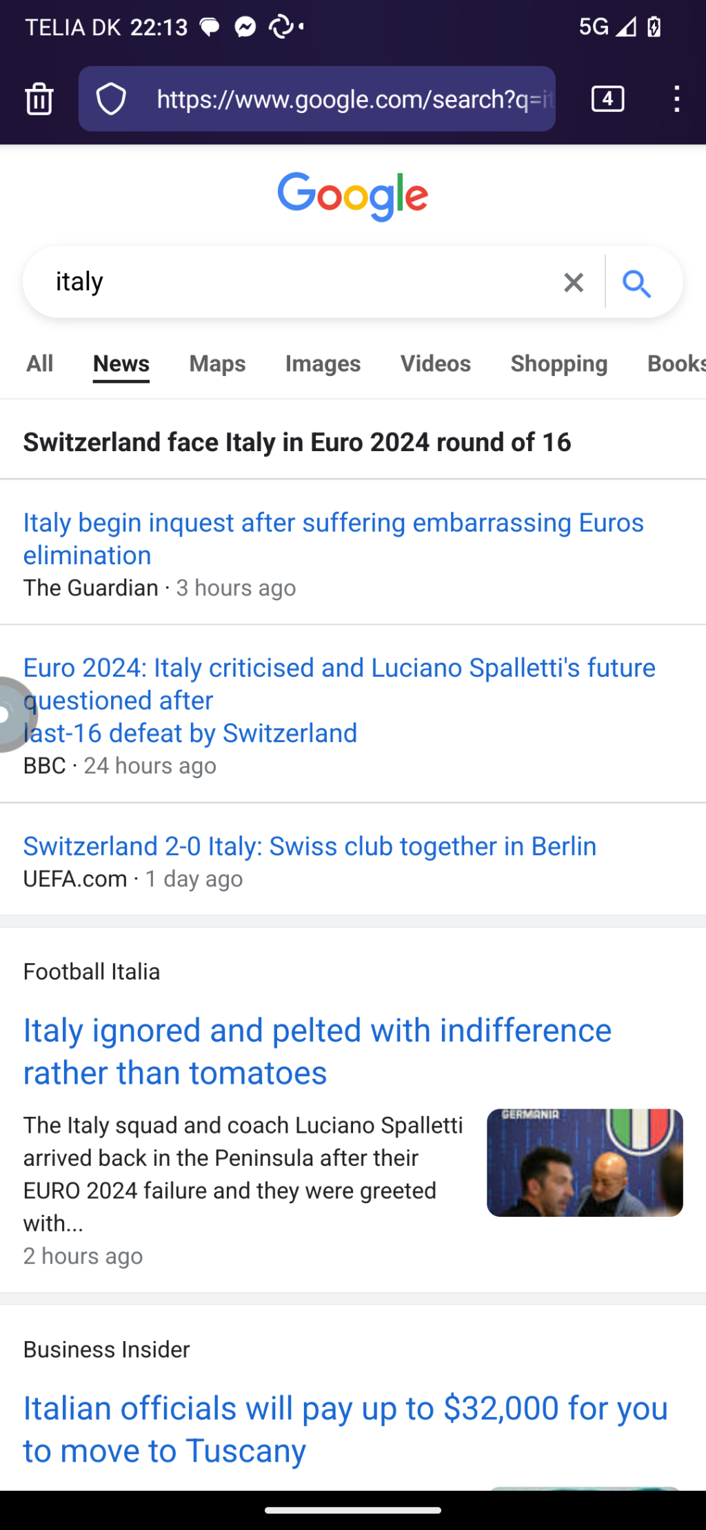 Screenshot from Google search on Italy showing only soccer related news without any mentions of the natural disasters and major flooding happening now