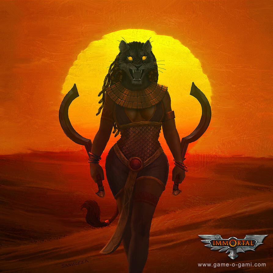 The lioness-headed goddess Sekhmet in front of a red sunset, holding a sickle-shaped khopesh in each hand, her eyes glowing eerily.