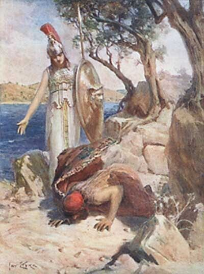 Painting of Odysseus kissing the ground of Ithaka when he finally returns home. The goddess Athene stands behind him, dressed in a peplos and crested helmet, holding shield and spear in her left.