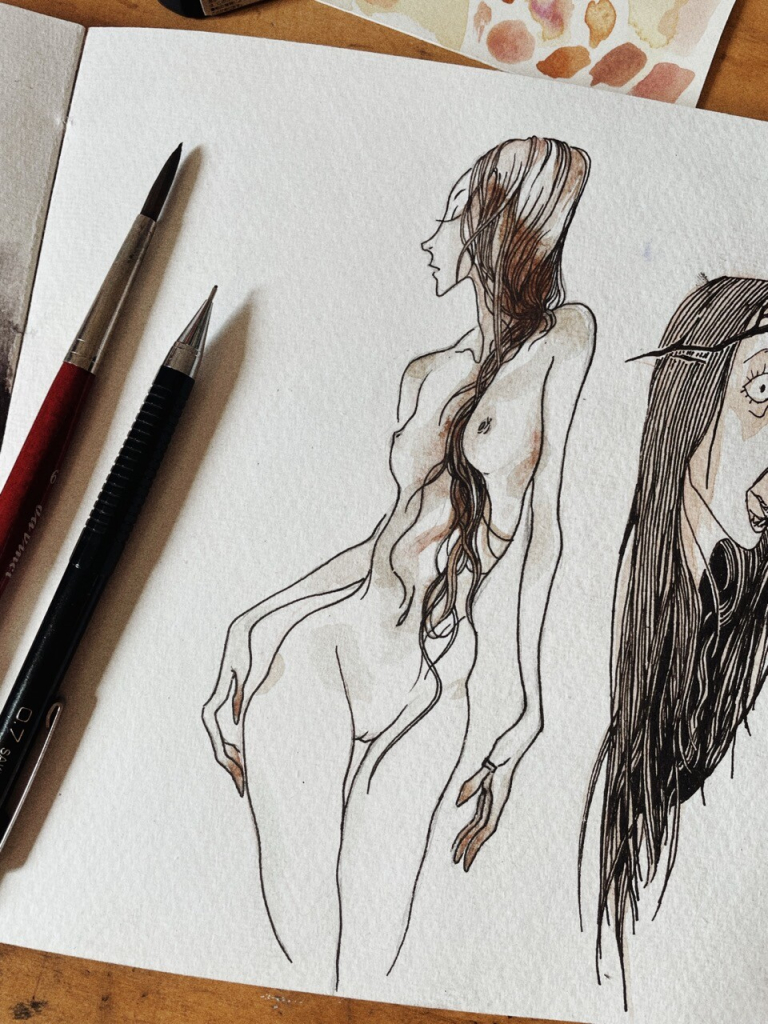 ink and watercolor drawing in a sketchbook. a feminine figure with long hair. 