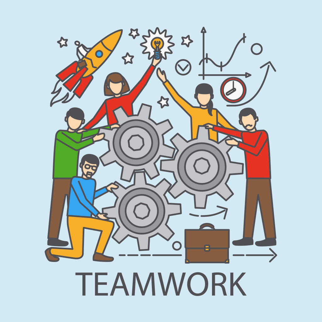 Teamwork cartoon image with three gears that are arranged so none could ever actually turn