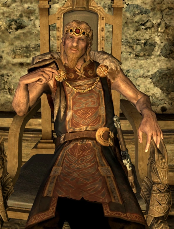 The Jarl of whiterun from the game skyrim slouching in a wooden throne.. His bottom is resting at about half way up the chair seet. His arms are resting on the arm rests.

He's blond haired and wearing a tunic and a cape, has some dark greenish padding on the seat and back, and it's front of a stone wall. with some kind of thin railing or shelf about even with the seat of the throne.