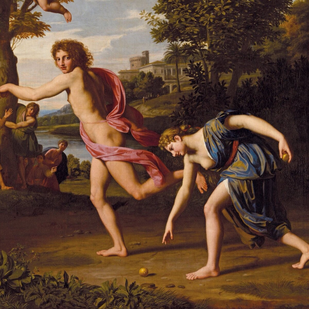 Painting of the race between Atalante and Melanion. He is shown running while she bends down to pick up one of the golden apples Melanion had received from Aphrodite.