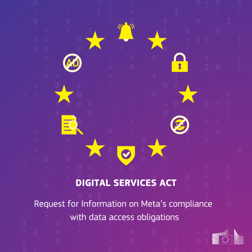 A visual with eight yellow stars on a purple background and icons representing notifications, security, search, and ads are placed around the stars. The text at the bottom reads 'DIGITAL SERVICES ACT' and 'Request for Information on Meta's compliance with data access obligations.' The European Commission logo is in the lower right corner. 

 