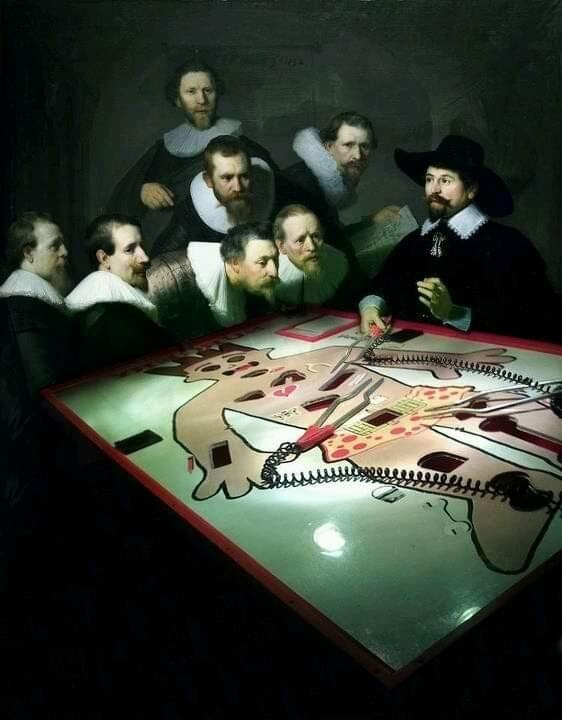 Rembrandt's The Anatomy Lesson of Dr, Nicolaes Tulp, but instead of a carcass, a badly rendered version of the game Operation 