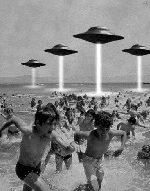 black and white photo of bathers screaming as they run out of the water while ufos chase them with tractor beams