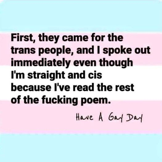 First, they came for the trans people, and I spoke out immediately even though I'm straight and cis because I've read the rest of the fucking poem.

Have A Gay Day