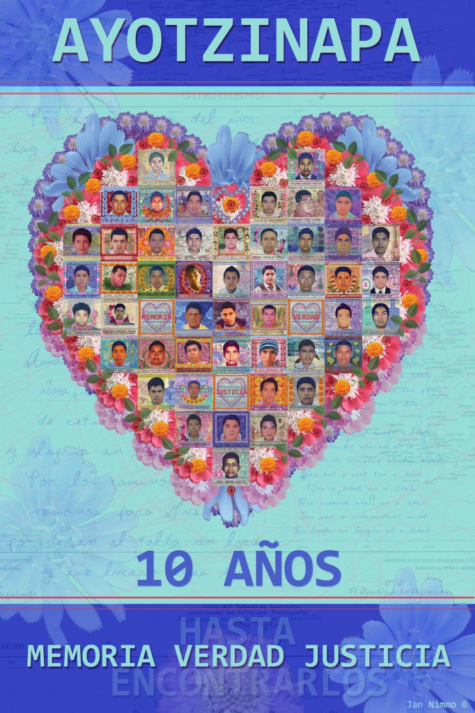 ilustración con un gran corazón donde aparecen dentro el dibujo de las caras de los 43 normalistas de #Ayotzinapa