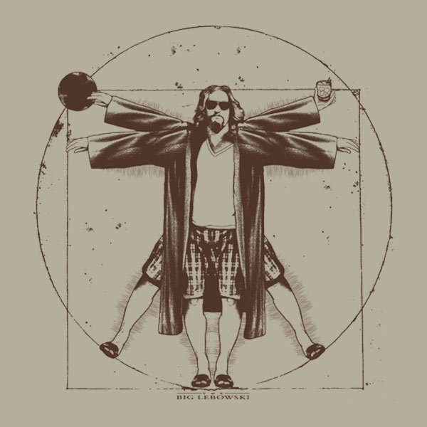 Vitruvian Man, except it's the dude from the big lewbowski (and he's holding a bowling ball and a white russian)