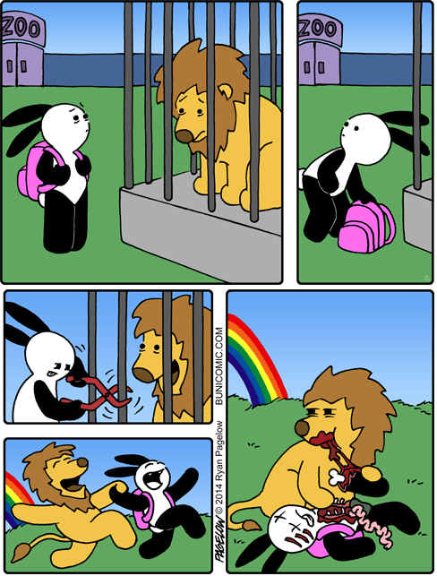 Comic strip: rabbit breaks lion out of the zoo, they skip along for a bit, laughing, and then the lion eats the rabbit.