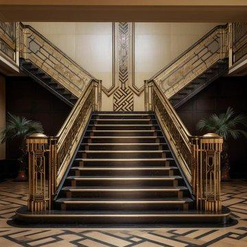 The image shows a grand staircase in a luxurious building. The staircase is made of black marble and gold, and it is flanked by two ornate wrought-iron railings. The walls of the building are decorated with intricate gold patterns, and the ceiling is very high.

Note: AI image generated 