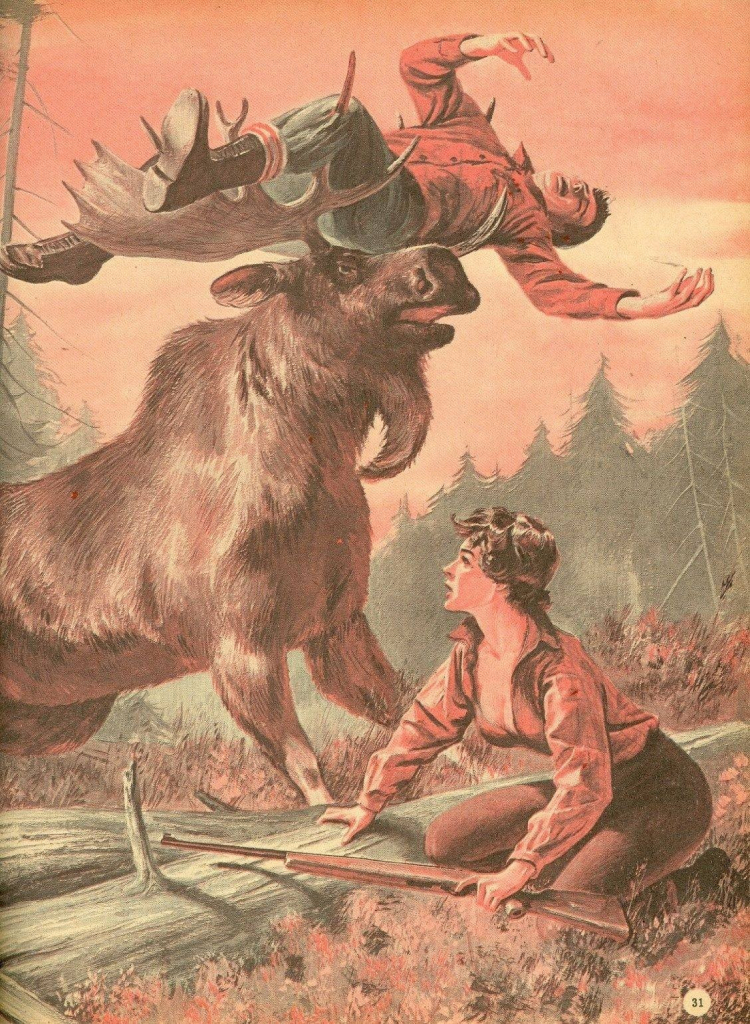 50s style drawing of a large bull moose, impaling a man on its horns while a woman with her shirt mostly undone watches from below, holding a rifle 