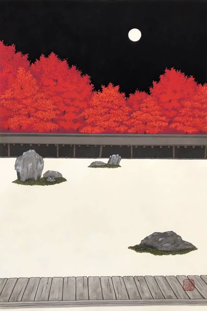 A bright full moon shines down on the quiet, empty zen garden at Kyoto's Ryoan-ji Temple. Beyond the garden, tall trees bear leaves of an intense red; above, the night sky is ink-black and starless, occupied only by the moon.