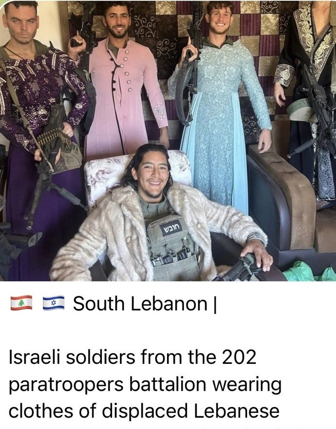 If you thought that genocidal #Israel -i soldiers wearing the dresses of local women they have forcibly displaced or killed is just a thing that happens in #Gaza, worry not: they also do that in #Lebanon. 