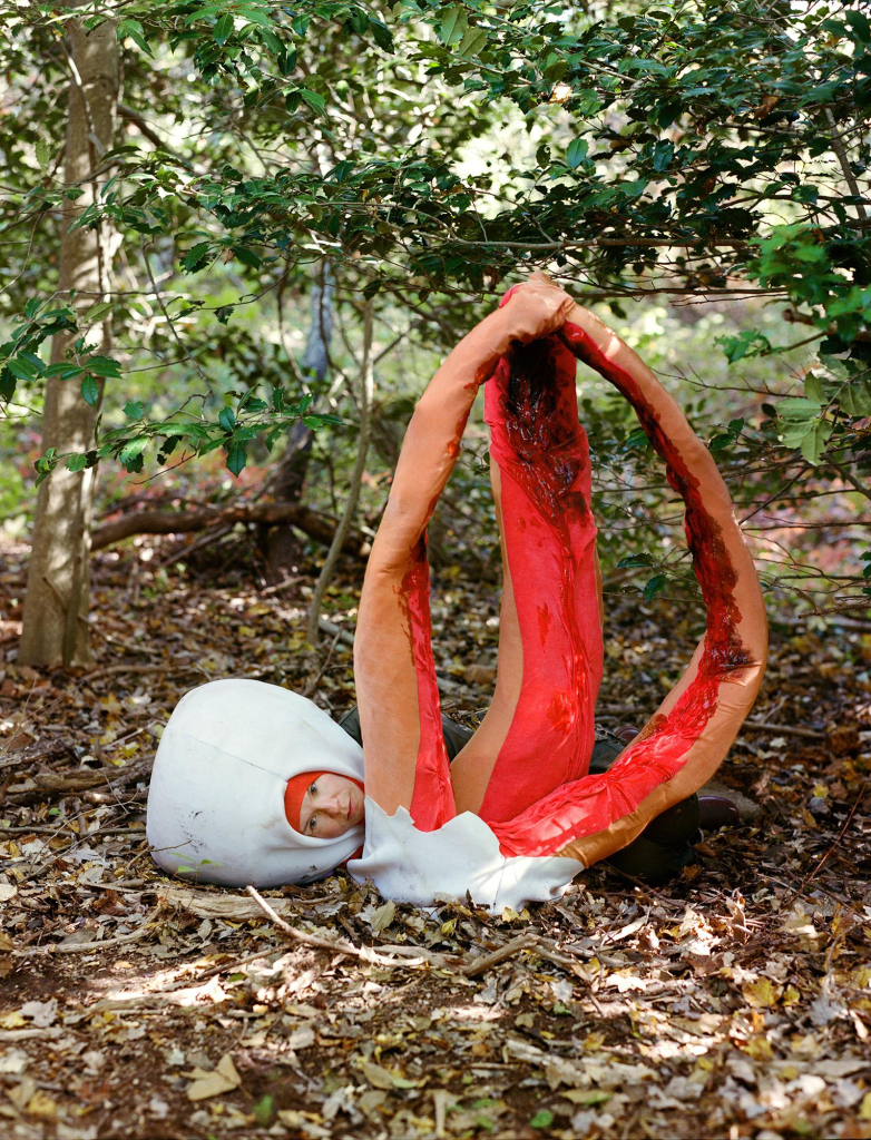 in the forest, a figure wears a garment reminiscent of a columned stinkhorn mushroom, featuring curved red and pink stalks that meet at the top. the figure's face peeks out from a bulbous white appendage at its base.