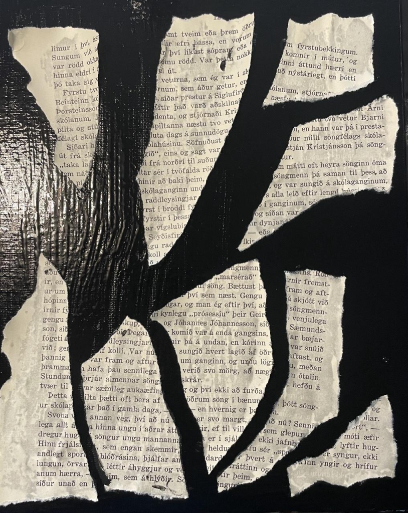 Pieces from an Icelandic book page that have been ripped up and loosely reassembled so there are spaces in between.  The background has been painted black.  