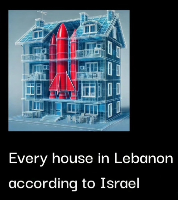 Computer graphics showing Space shuttle inside an apartment complex, with the text "Every house in Lebanon according to Israel" 