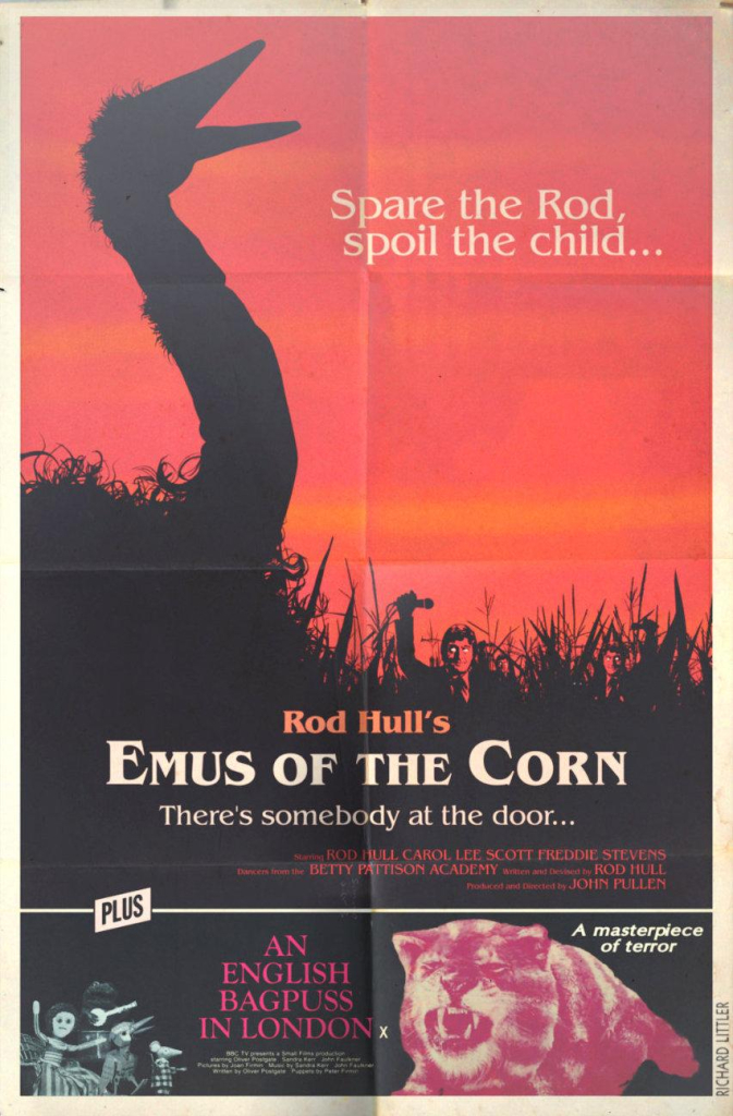 Emus of the Corn and An English Bagpuss in London in the style of Children of the Corn and An American Werewolf in London