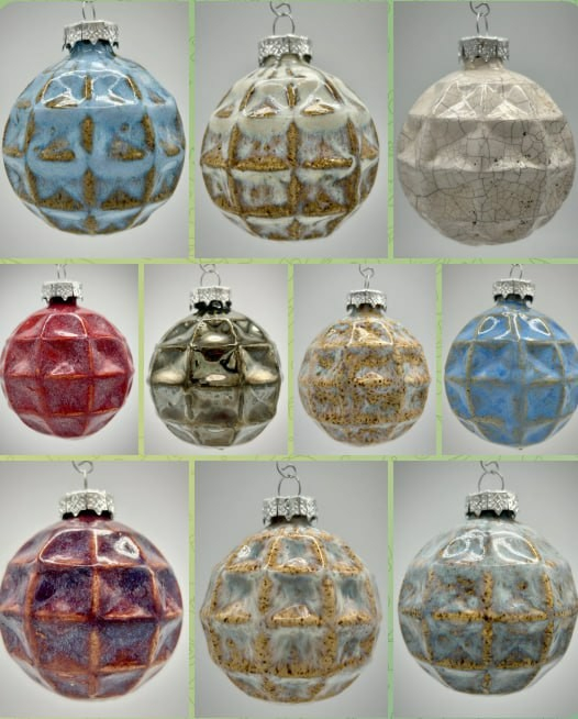 A grouping of some handmade ceramic ornaments.