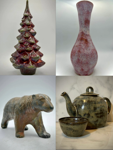 A Christmas tree, flower vase, tea set and bear, oh my!