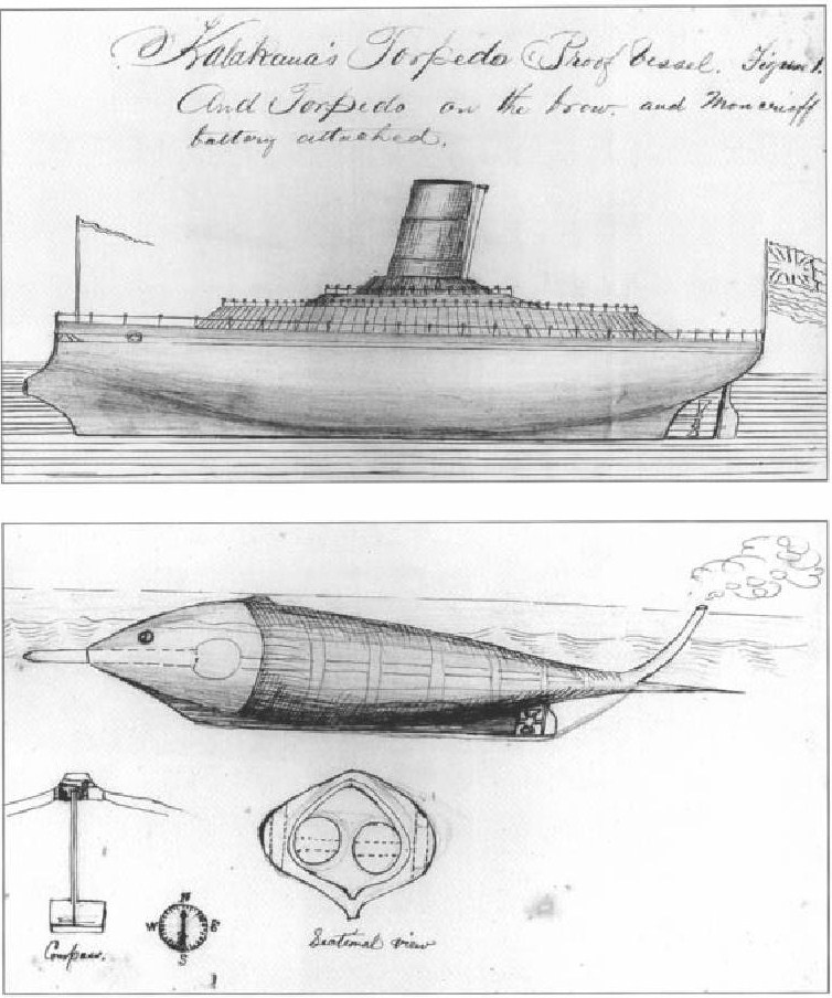 Torpedo proof vessel and 'fish ram' sub-aquatic vehicle design by Hawaii's leader Kalakaua