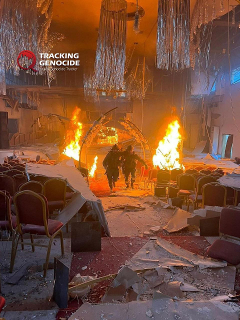 IDF soldiers running from fires they started at a wedding hall in Gaza 