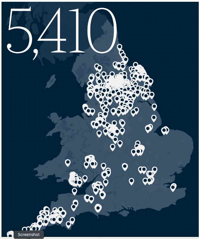 A map of England and Wales showing the locations of 5410 properties held by the Royal Family