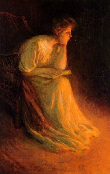 A painting of woman in a long white dress, reading a book by firelight.