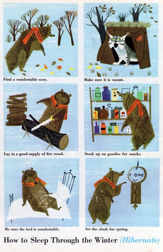 A guide-like infographic that shows several steps of what a bear should do to successfully hibernate during the winter. The illustrations are vintage and playful like in a children's book. 

According to this tongue in cheek guide, the steps are:

1. "Find a comfortable cave". The illustration shows the bear roaming around the woods.
2. "Make sure it is vacant". The illustration shows a snow lynx occupying a cave already.
3. "Lay in a good supply of fire wood". The illustration shows the bear sawing logs and stacking fire wood.
4. "Stock up on goodies for snacks". The illustration shows the bear doing grocery shopping.
5. "Be sure the bed is comfortable". The illustration shows the bear is testing the mattress by sitting on it.
6. "Set the clock for spring". The illustration is showing the bear setting a clock that instead of the normal 12 hour cycle shows the four seasons.