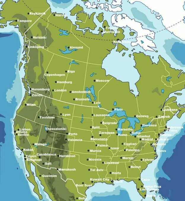 This map shows major cities in North America being replaced by major cities across the Atlantic at the same latitude. For example, Seattle is replace with Zurich.