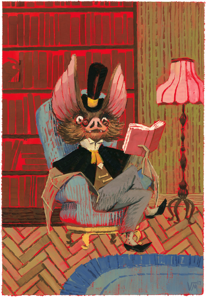 Painting in acrylics and gouache of a bat wearing a top hat, sitting on an armchair and reading a book. By Victoria Maderna.