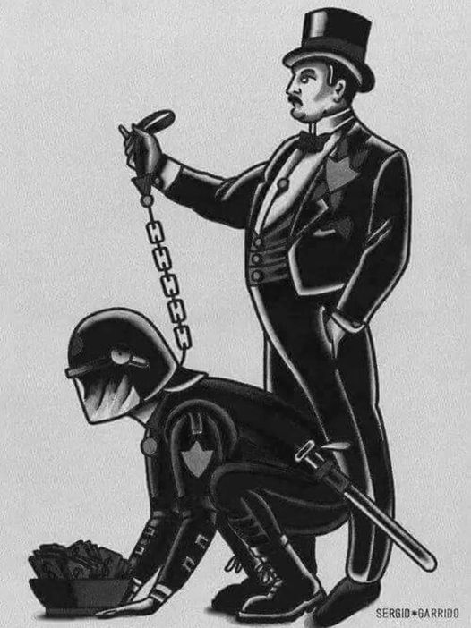 Black and white charcoal art depicting a "Rich Man" in a tuxedo and top hat holding a leash/chain with a riot helmet, combat boot wearing police officer holding a basket of money