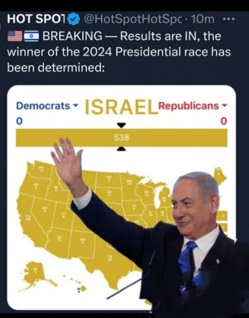 Picture of the map of the US showing Netanyahu is the winner of the election in every state. 