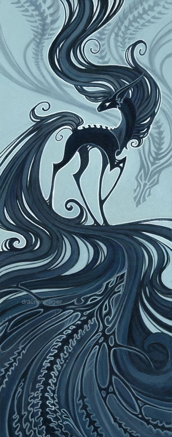 Acrylic painting of a swirling flowing pony with swirling flowing dragon spirit skeletons
