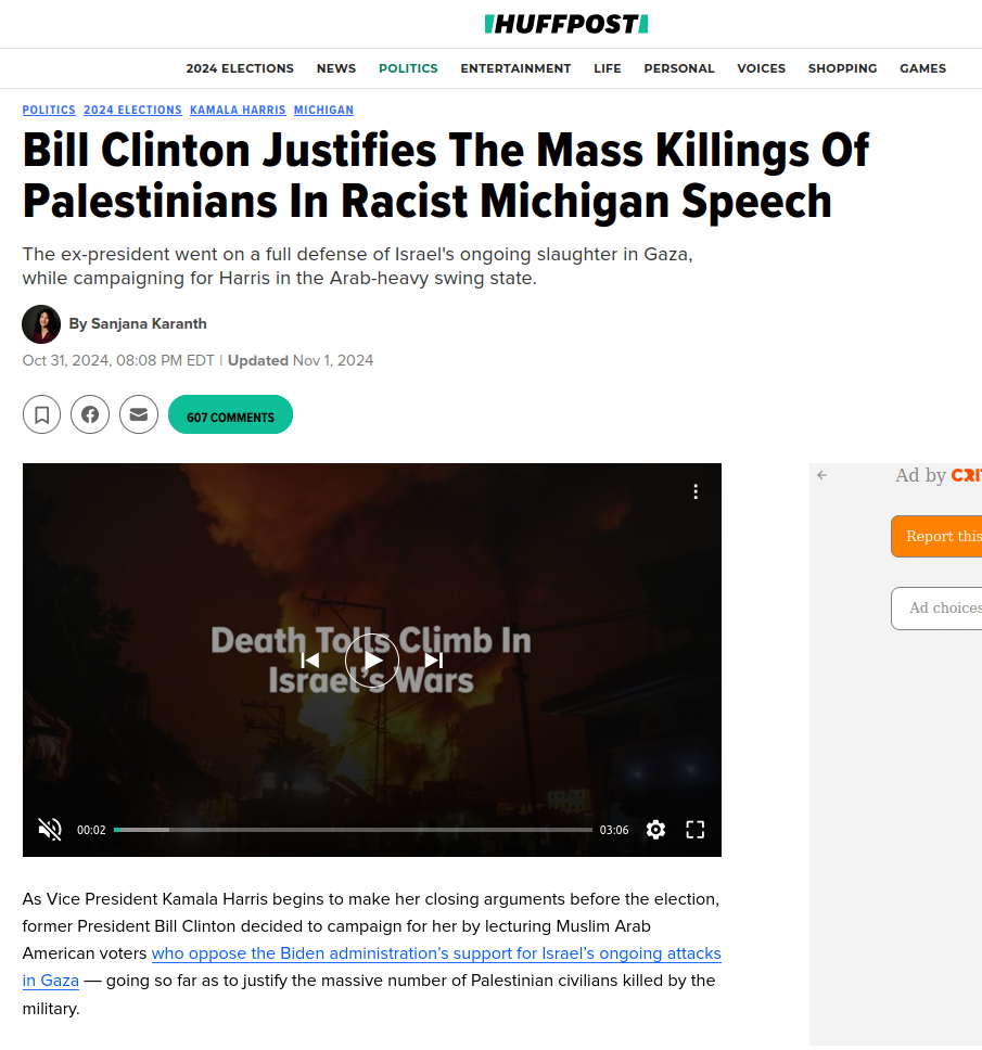 Huffpost: Bill Clinton Justifies The Mass Killings Of Palestinians In Racist Michigan Speech