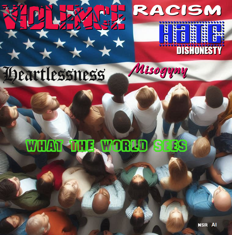 A group of people of all races looking to the American Flag. On the flag are the following words, fitted in different sizes across the flag:
Dishonesty Racism Misogyny Hate Violence Heartlessness Propaganda
And below, WHAT THE WORLD SEES