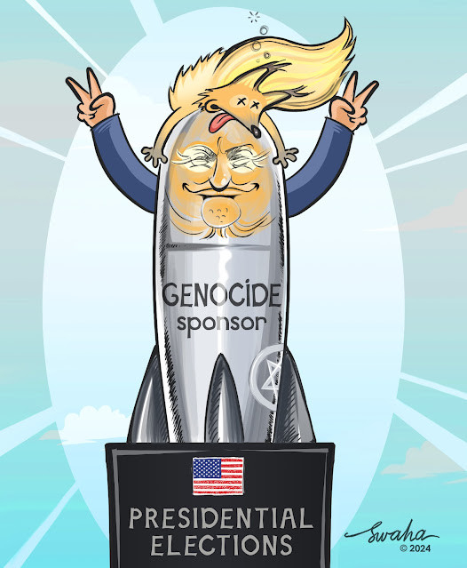 Dessin d'un missile avec la tête de Trump coiffé d'un renard blond, faisant les V de victoire avec ses mains.

Sur le corps du missile est écrit « Genocide sponsor » à côté d'une Étoile de David.