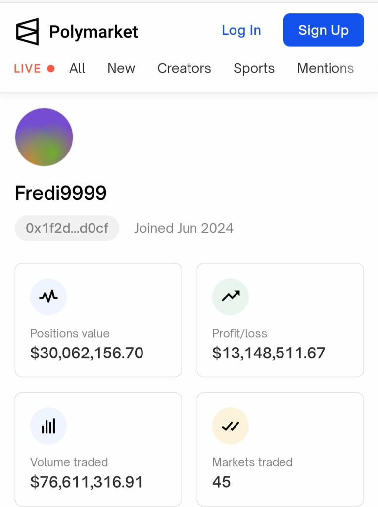 Financial position of a Polymarket user, Fredi9999.  $30M position, $13M profit.