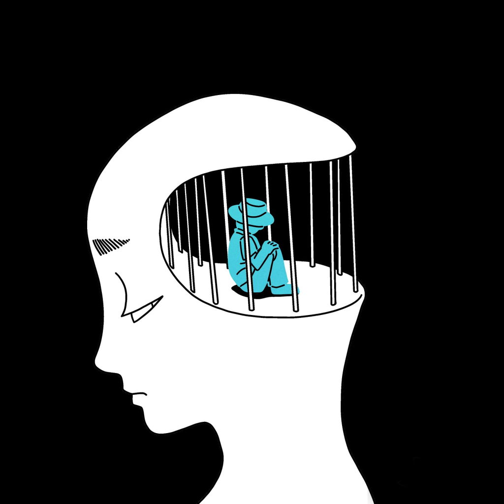 Illustration of a melancholy person's head with an empty space and jail bars in the back of their skull. A small blue person is crouching inside the jail with a hat covering their face. 